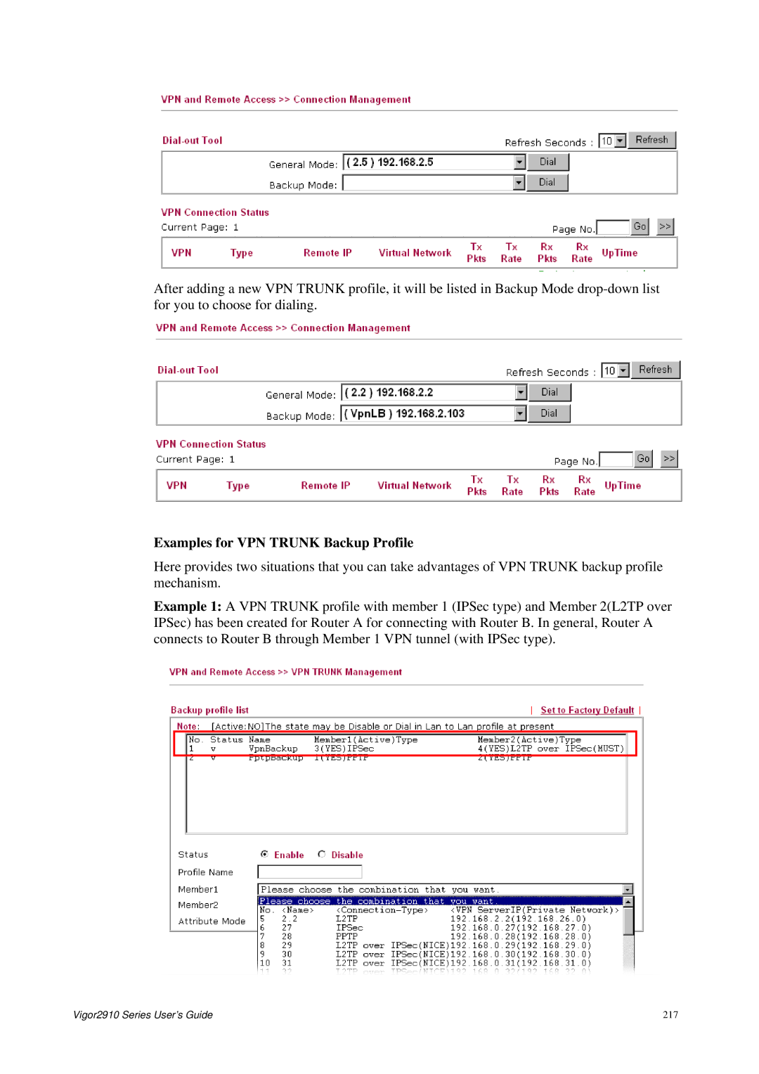 Draytek 2910 manual Examples for VPN Trunk Backup Profile 