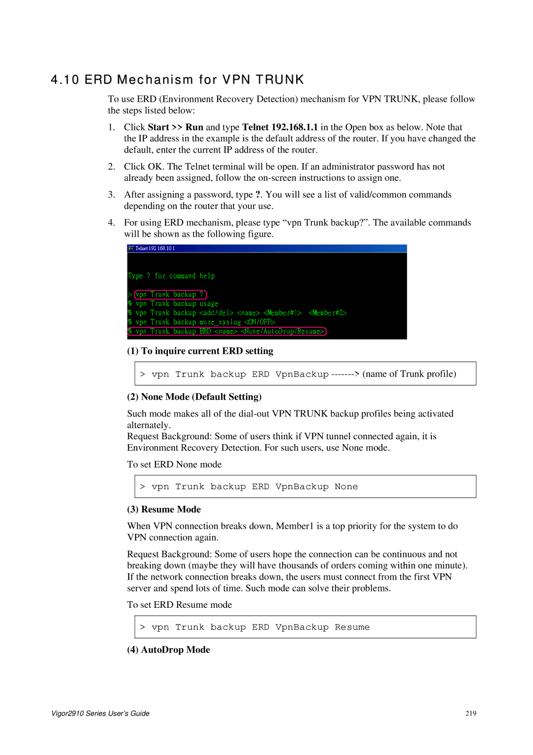 Draytek 2910 manual ERD Mechanism for VPN Trunk, To inquire current ERD setting, None Mode Default Setting, Resume Mode 