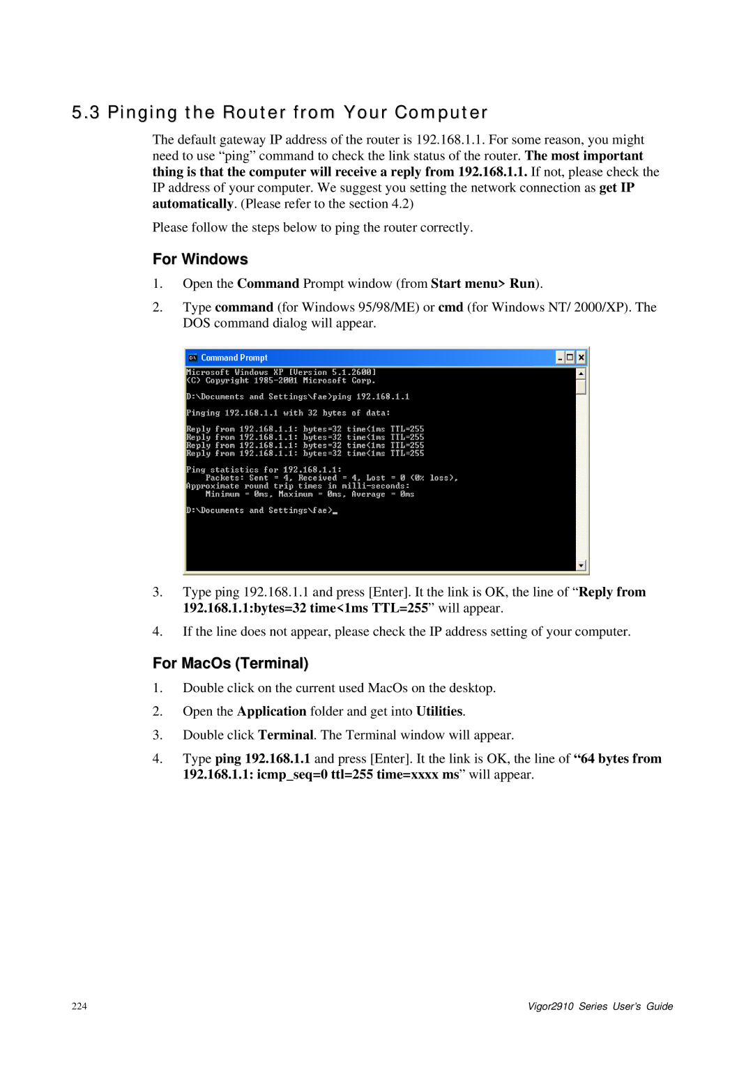 Draytek 2910 manual Pinging the Router from Your Computer, For MacOs Terminal 