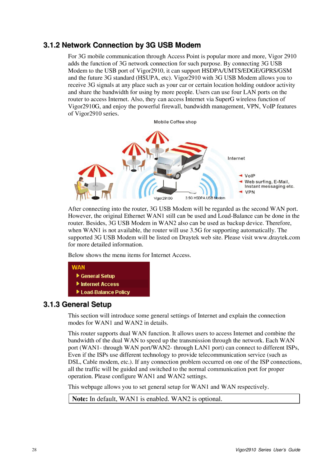 Draytek 2910 manual Network Connection by 3G USB Modem, General Setup 