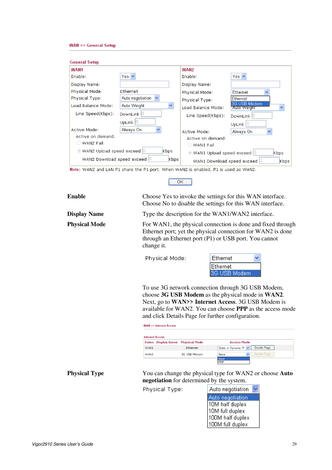 Draytek 2910 manual Enable, Display Name, Physical Mode, Physical Type, Negotiation for determined by the system 