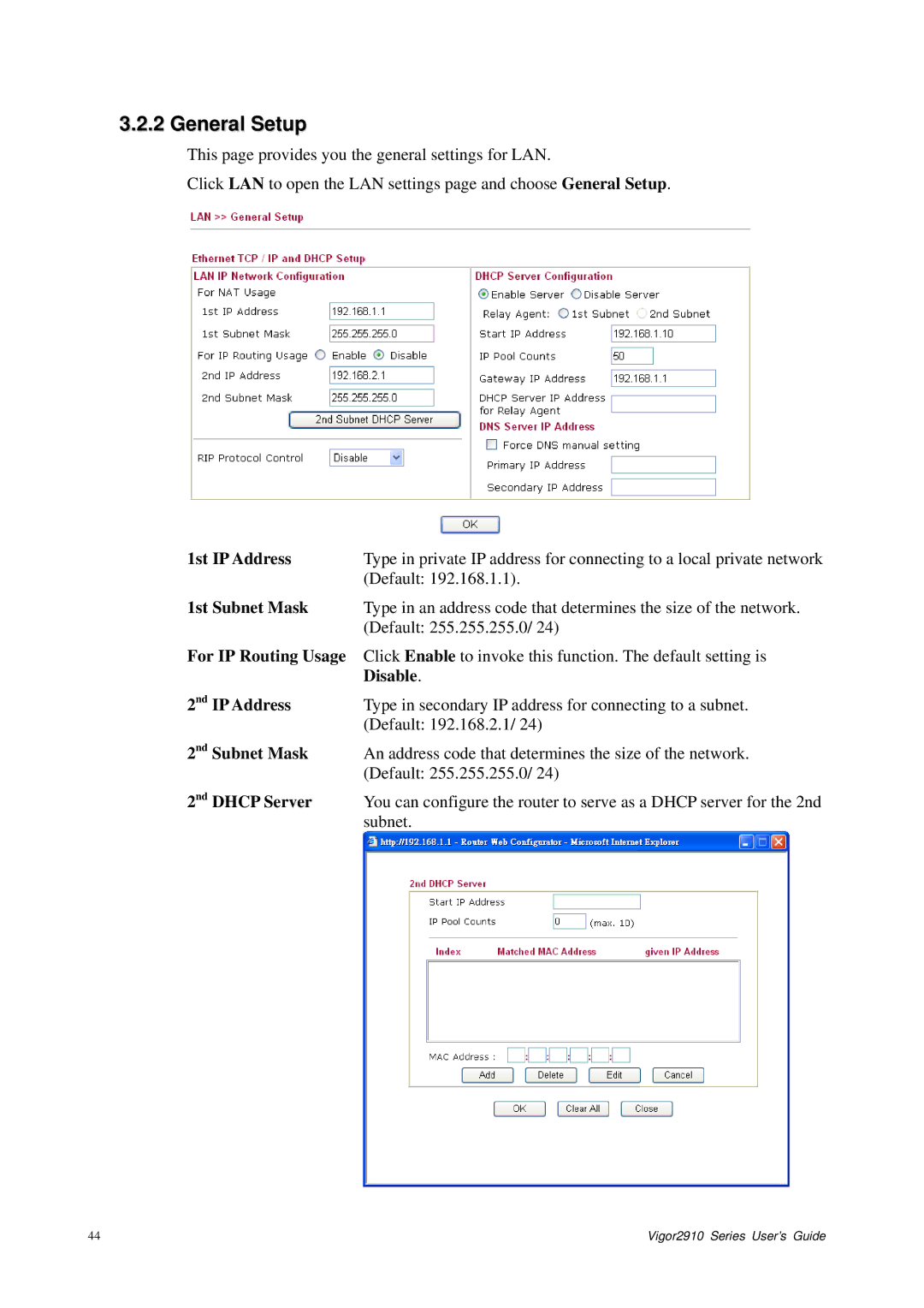 Draytek 2910 manual 1st IP Address 1st Subnet Mask For IP Routing Usage 