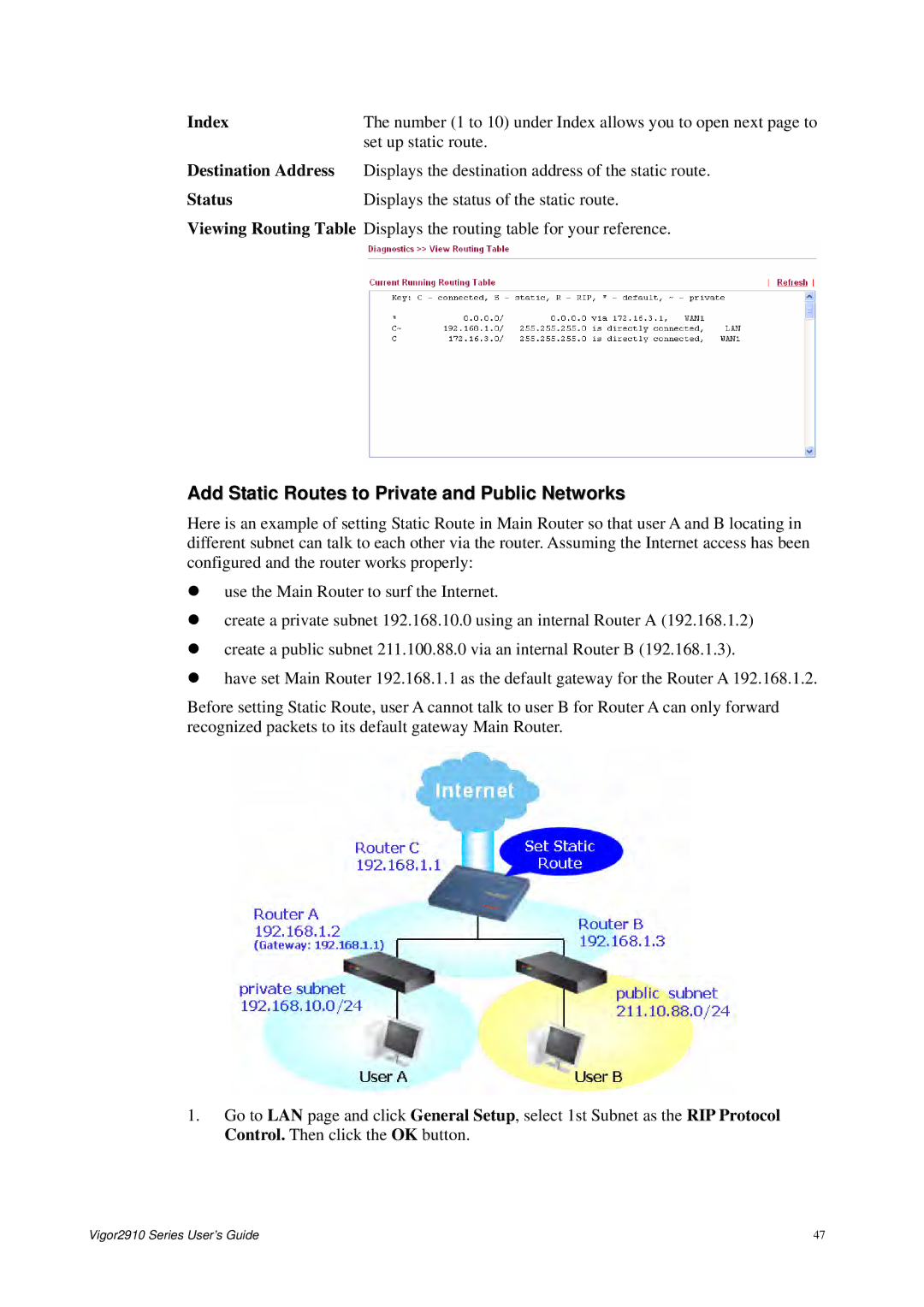 Draytek 2910 manual Add Static Routes to Private and Public Networks, Destination Address, Status, Viewing Routing Table 