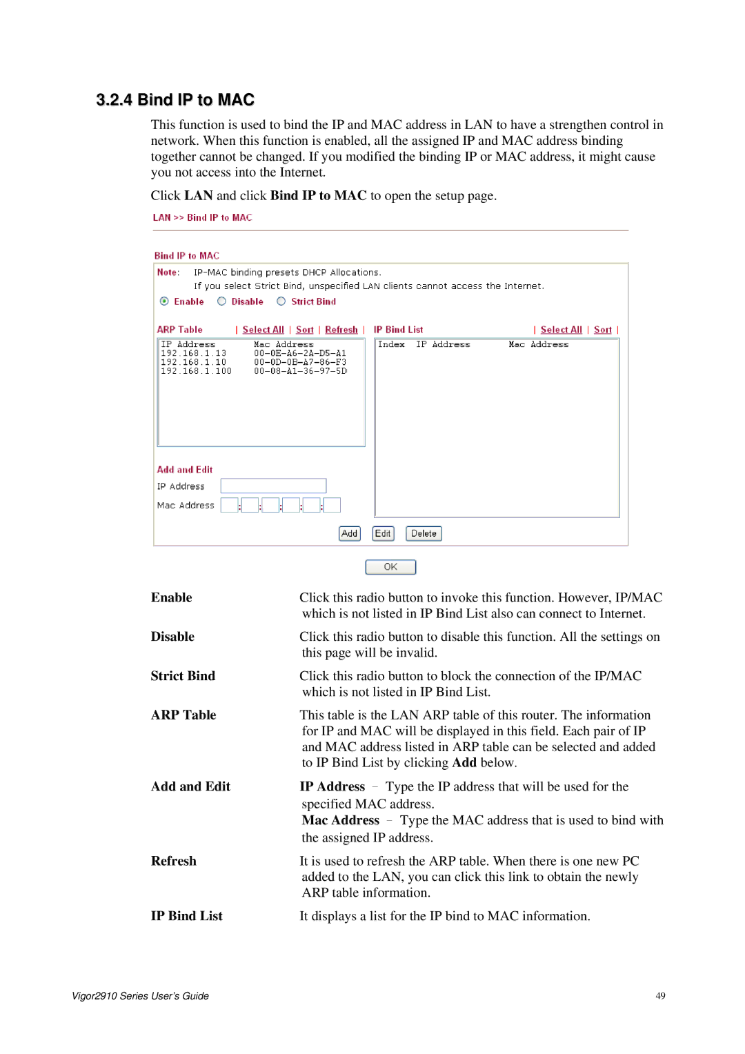 Draytek 2910 manual Bind IP to MAC 