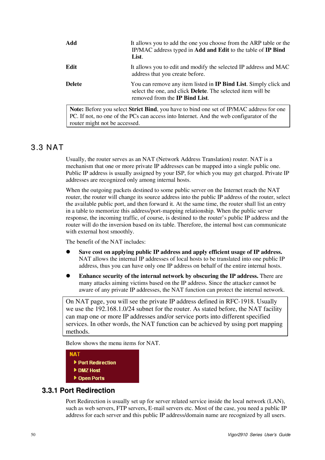 Draytek 2910 manual Nat, Port Redirection 