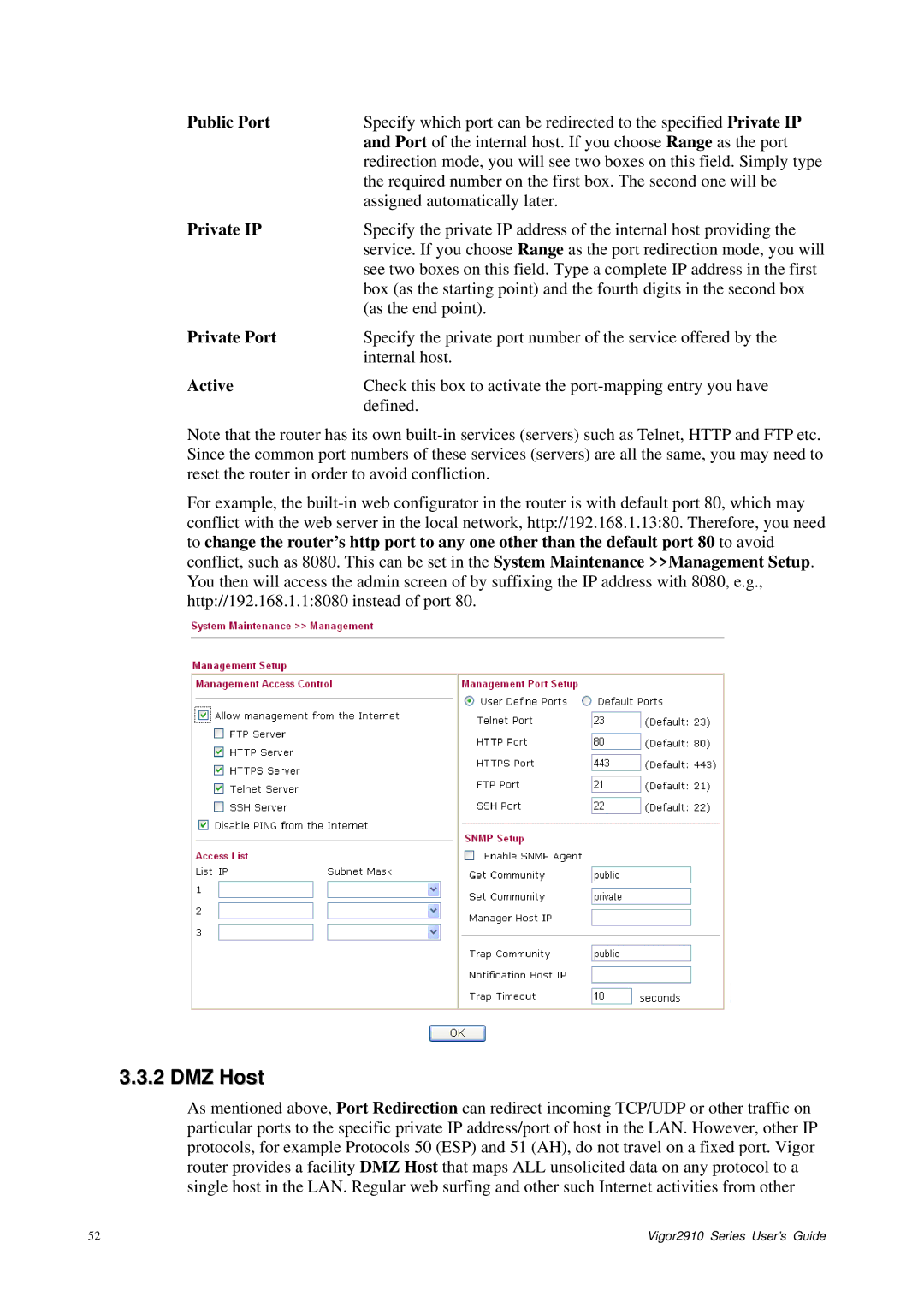 Draytek 2910 manual DMZ Host, Public Port, Private IP, Private Port, Active 