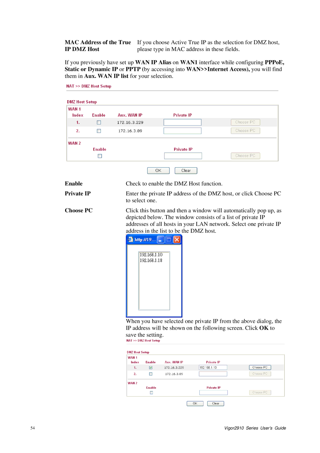 Draytek 2910 manual IP DMZ Host, Choose PC 