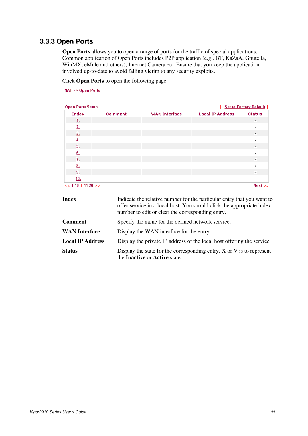 Draytek 2910 manual Open Ports, Comment, WAN Interface, Local IP Address, Inactive or Active state 