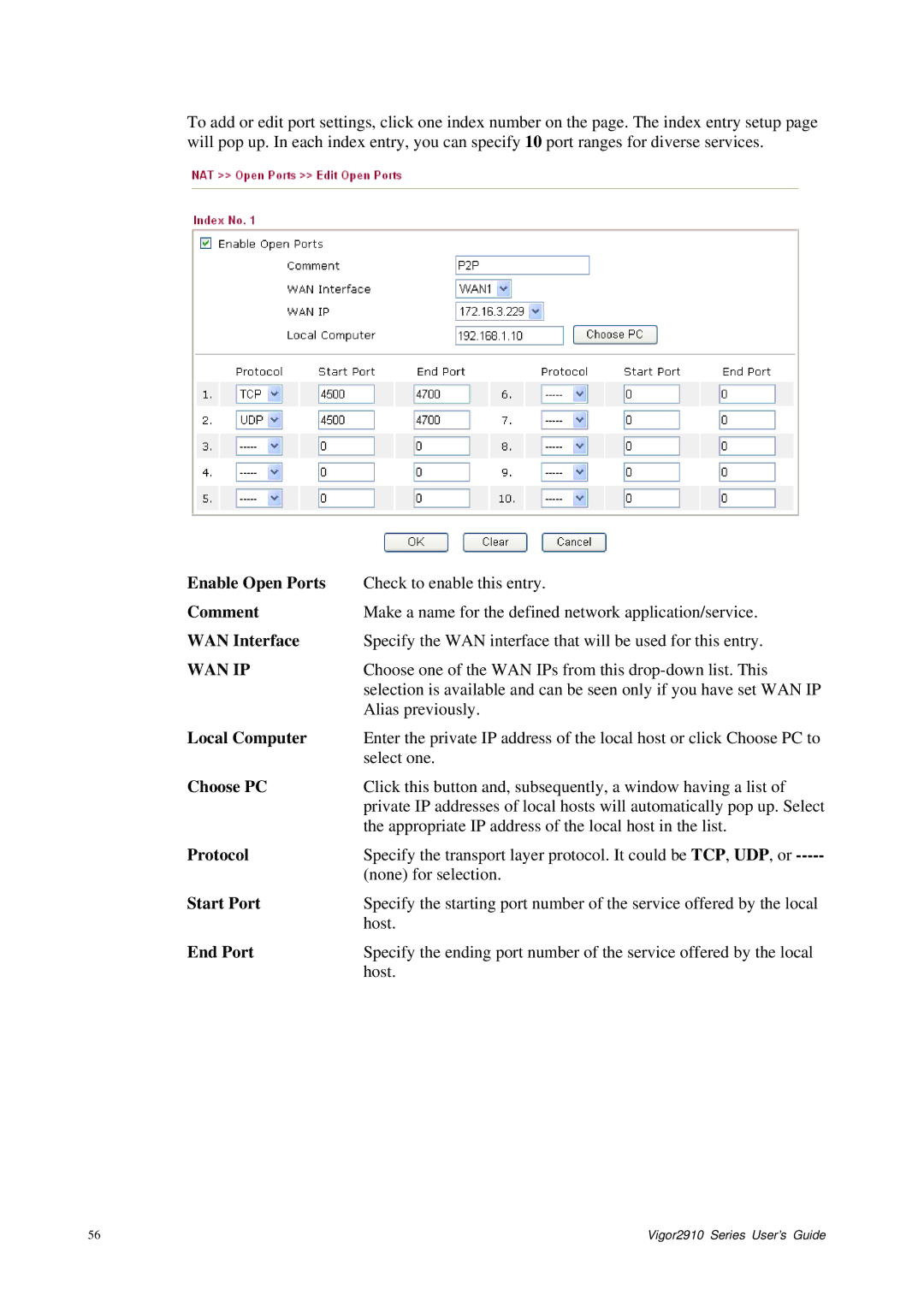 Draytek 2910 manual Enable Open Ports, Wan Ip, Local Computer, Start Port, End Port 