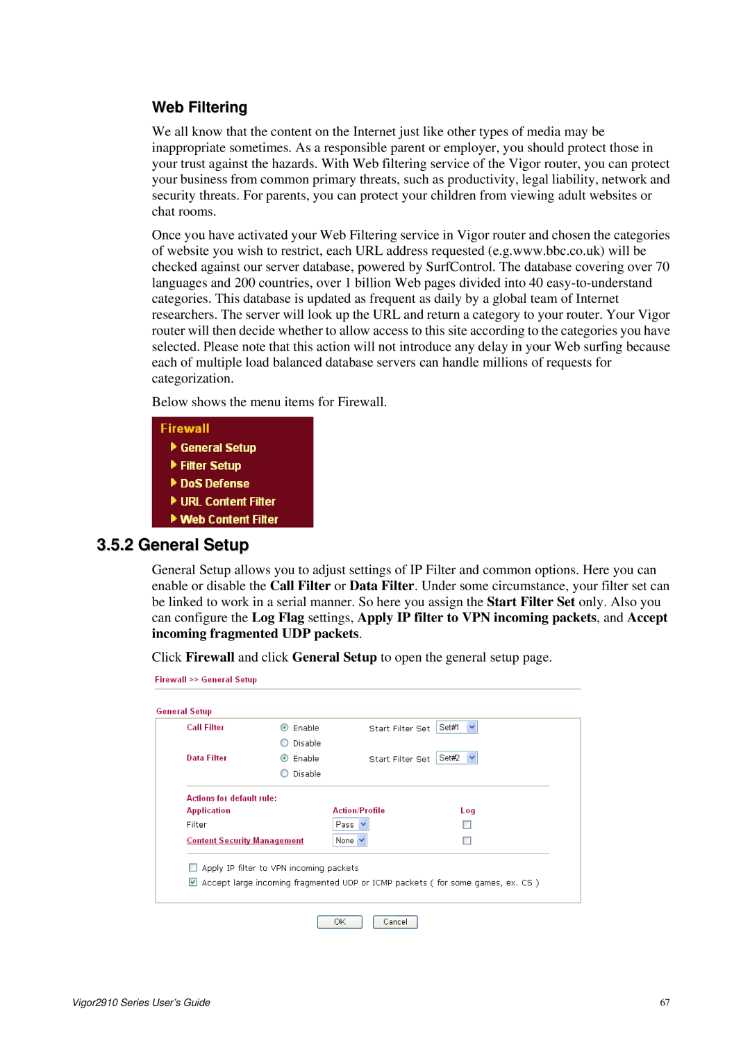 Draytek 2910 manual General Setup, Web Filtering 