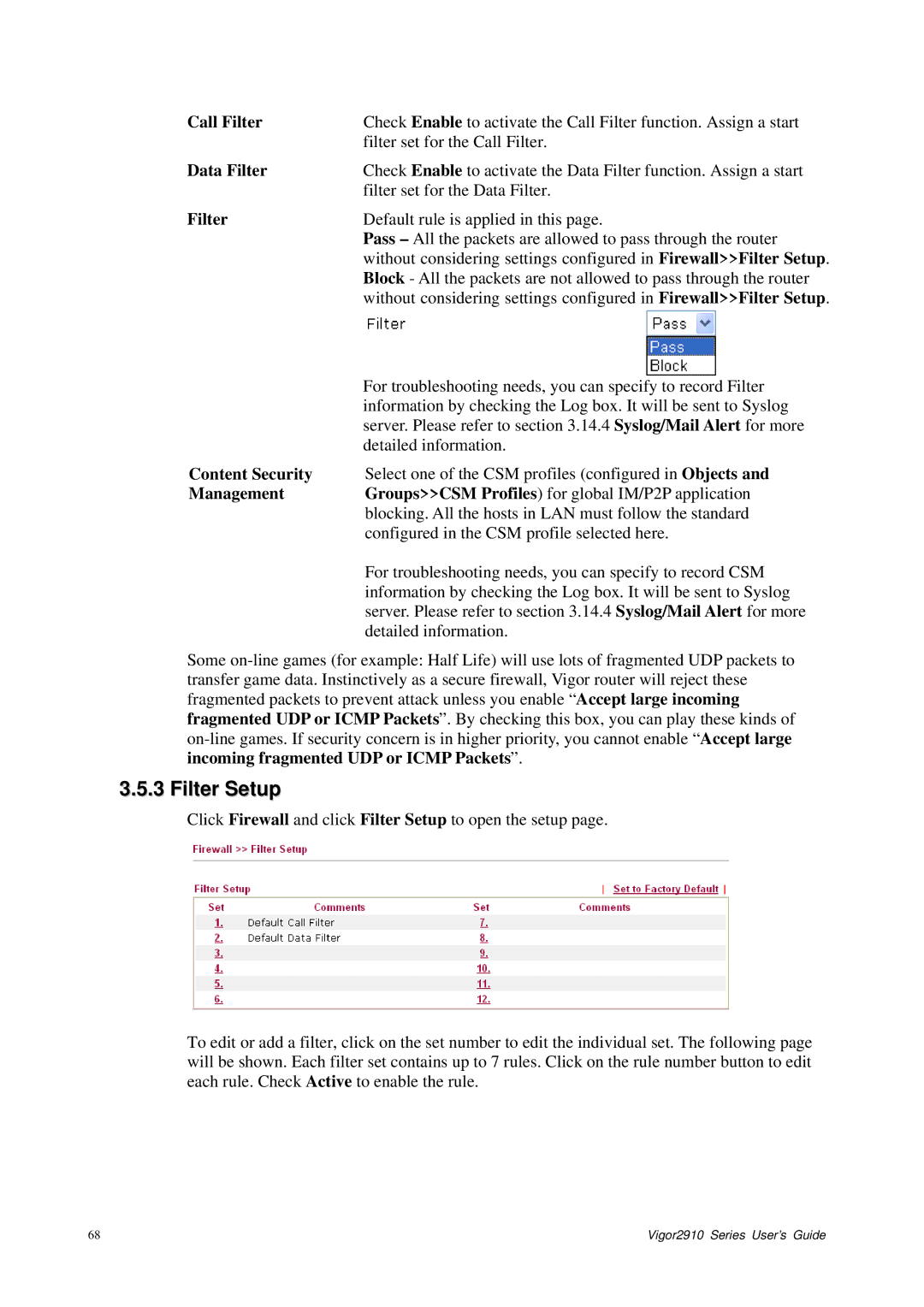 Draytek 2910 manual Filter Setup, Call Filter, Data Filter 