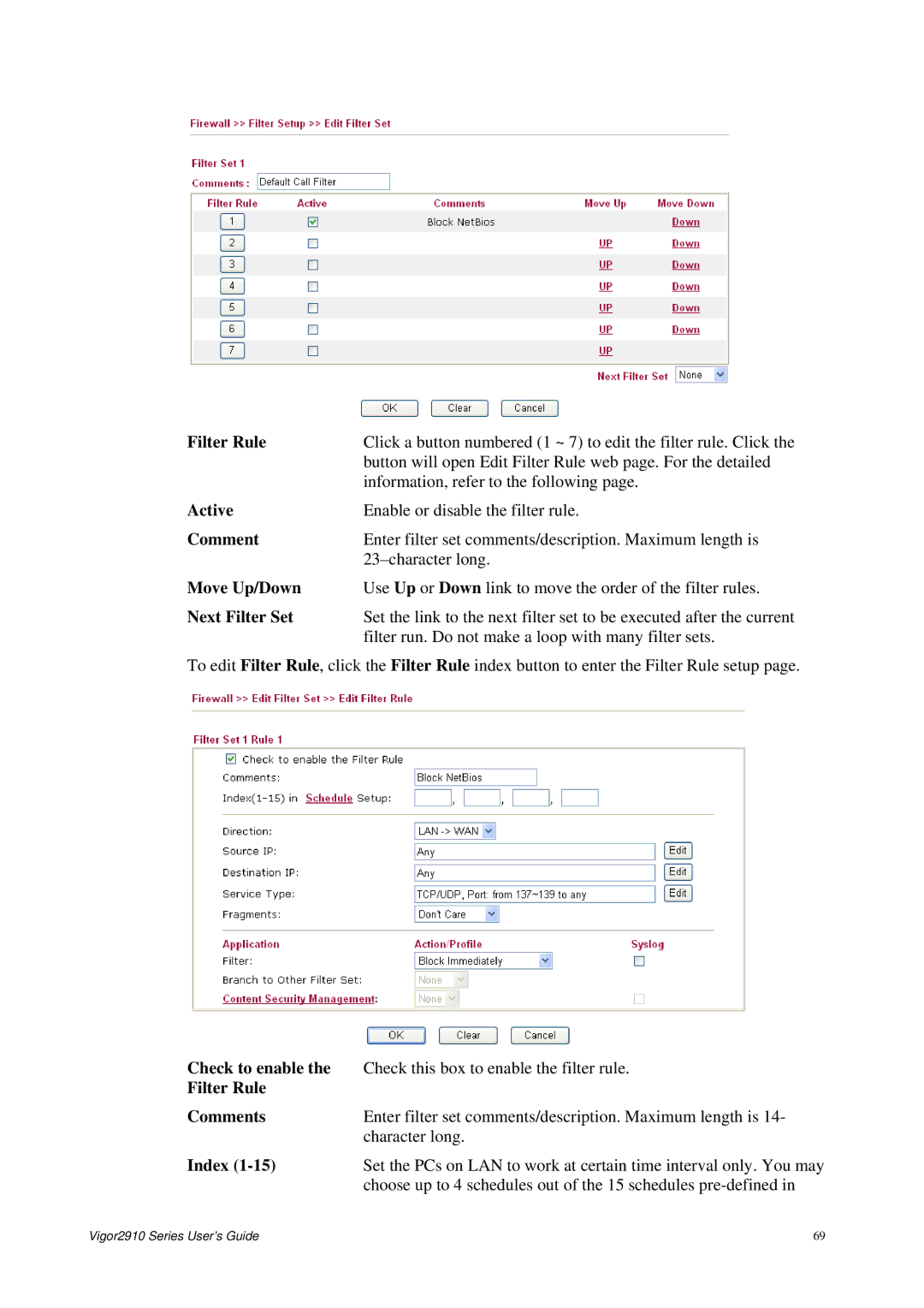 Draytek 2910 manual Move Up/Down, Next Filter Set, Check to enable, Filter Rule Comments 