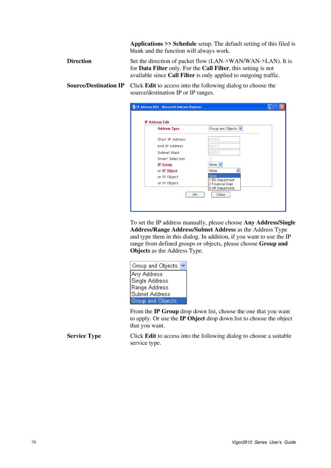 Draytek 2910 manual Direction, Service Type 