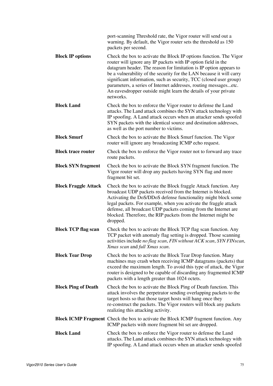 Draytek 2910 manual Block IP options, Block Land, Block Smurf, Block trace router, Block SYN fragment, Block Fraggle Attack 