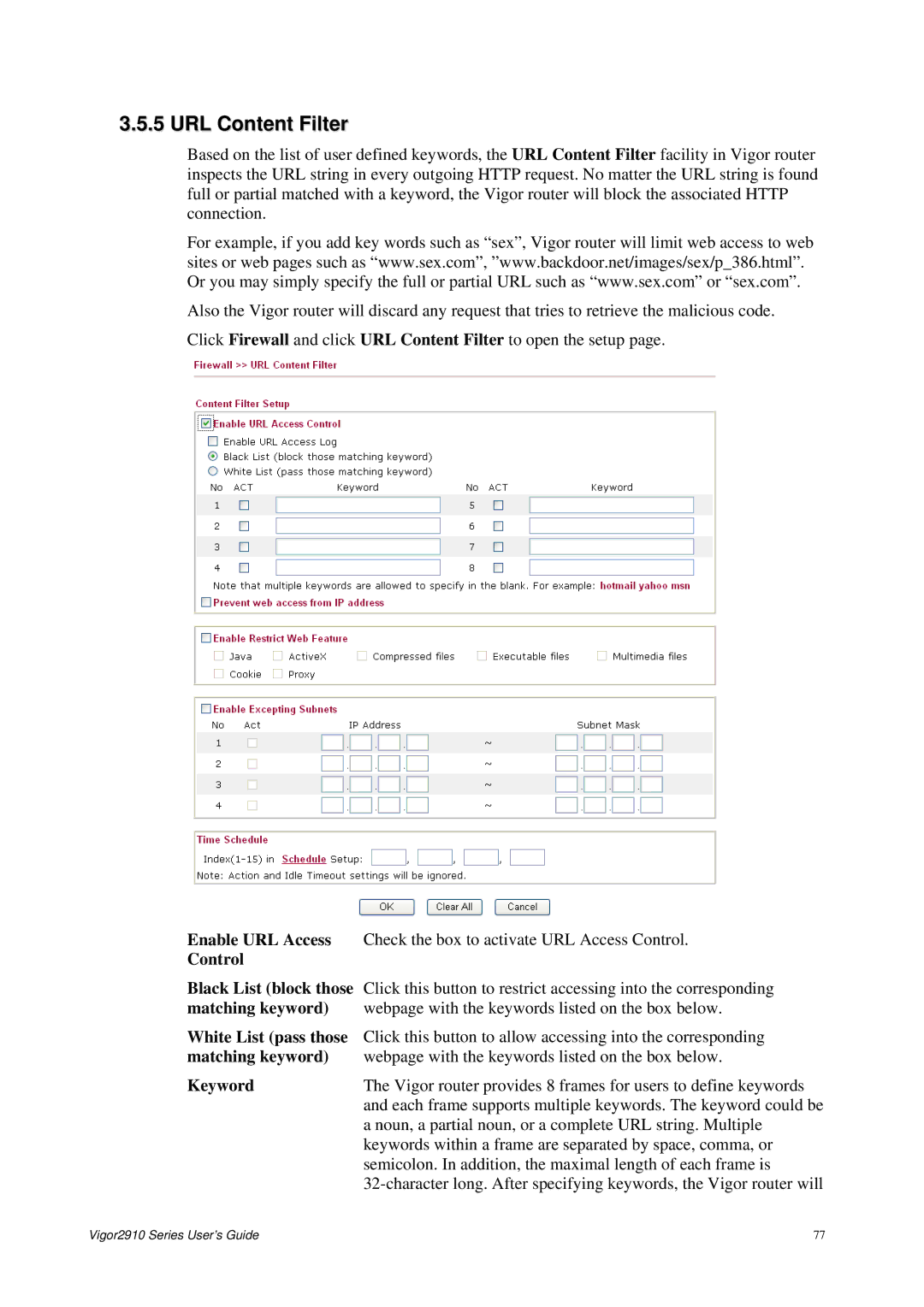 Draytek 2910 manual URL Content Filter, Control, White List pass those, Matching keyword, Keyword 