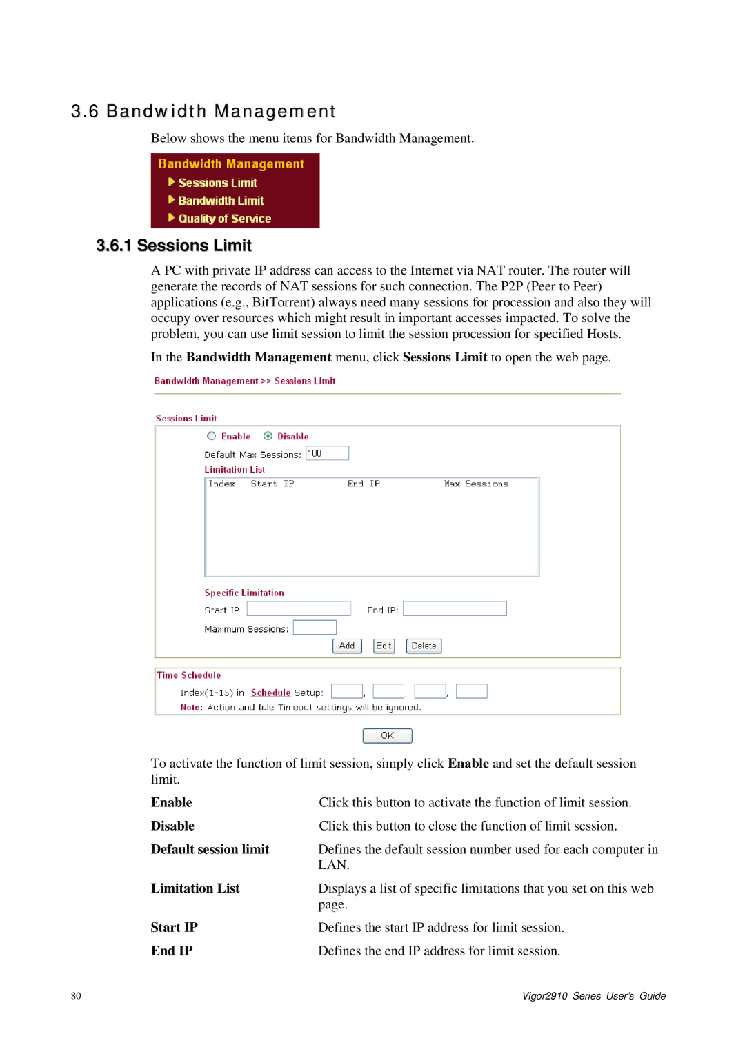 Draytek 2910 manual Bandwidth Management, Sessions Limit 