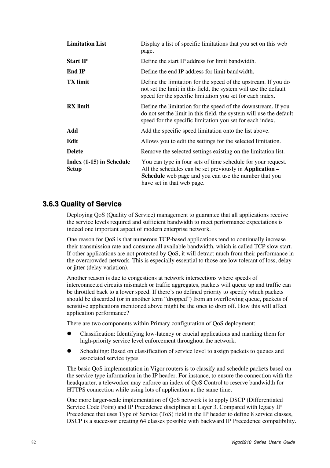 Draytek 2910 manual Quality of Service, TX limit, RX limit 