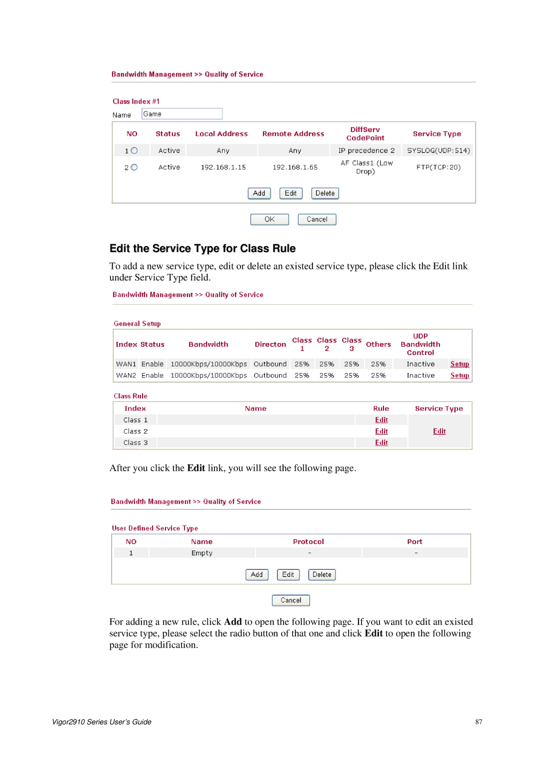 Draytek 2910 manual Edit the Service Type for Class Rule 