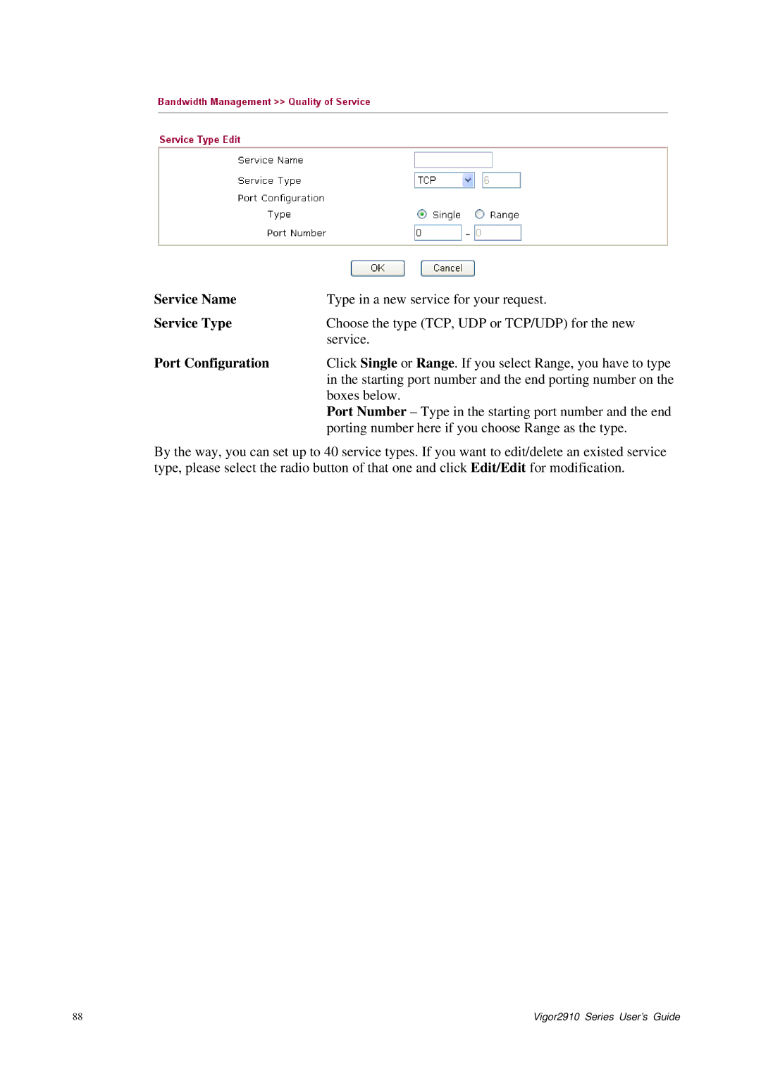 Draytek 2910 manual Service Name, Port Configuration 