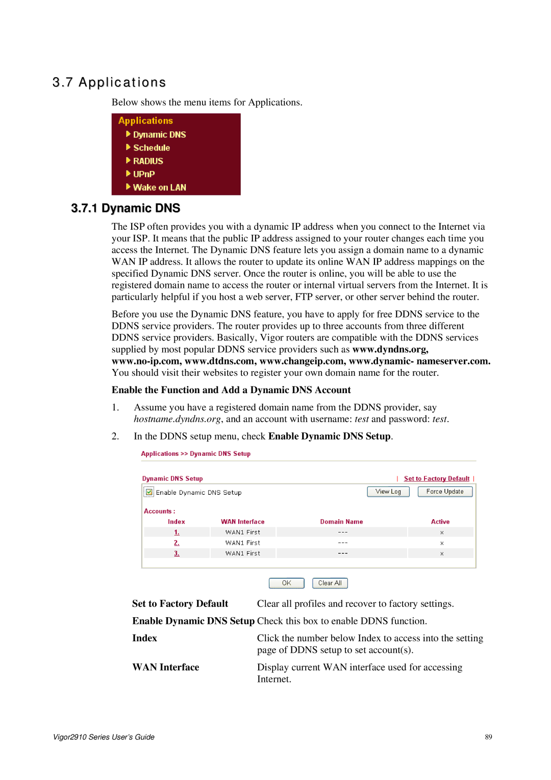 Draytek 2910 manual Applications, Enable the Function and Add a Dynamic DNS Account, Index WAN Interface 