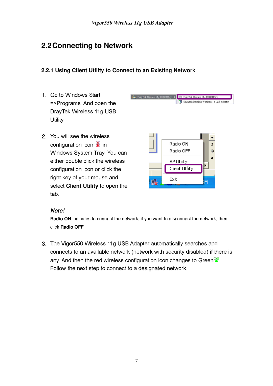 Draytek 550 manual 2Connecting to Network, Using Client Utility to Connect to an Existing Network 