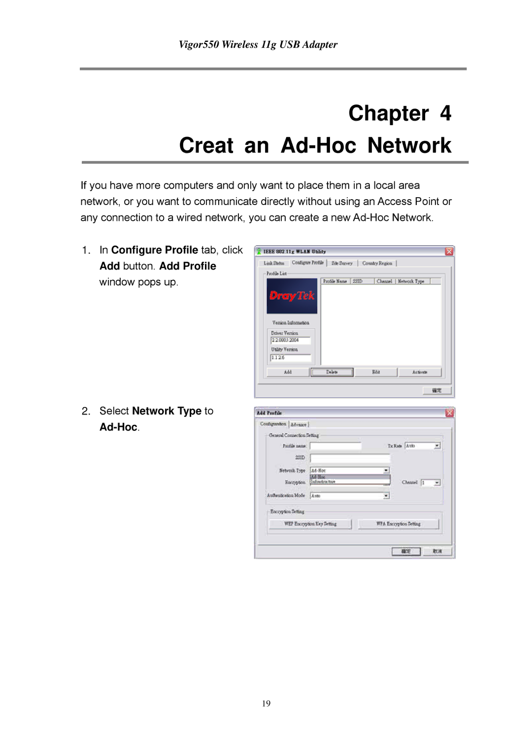 Draytek 550 manual Chapter Creat an Ad-Hoc Network, Select Network Type to Ad-Hoc 