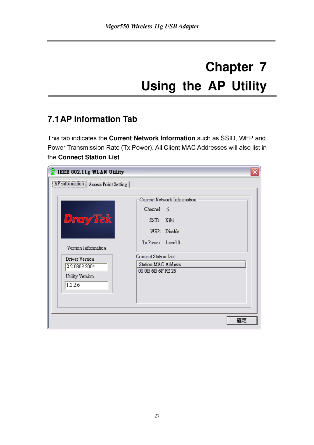 Draytek 550 manual Chapter Using the AP Utility, 1AP Information Tab, Connect Station List 