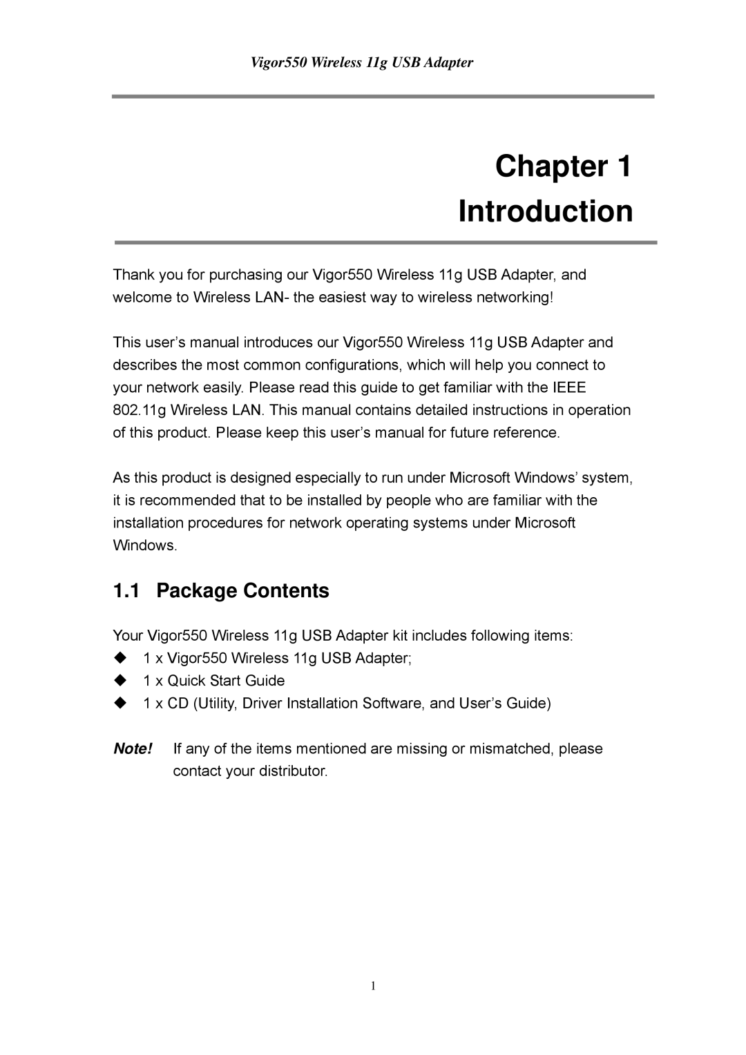 Draytek 550 manual Chapter Introduction, Package Contents 