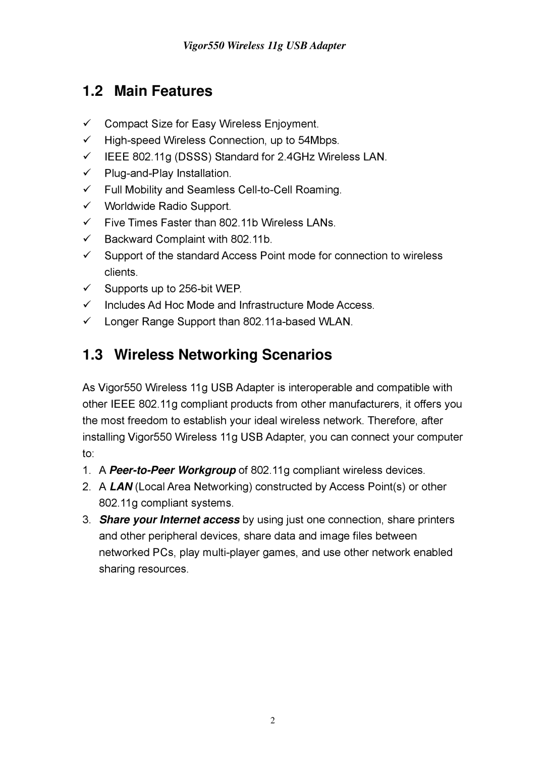 Draytek 550 manual Main Features, Wireless Networking Scenarios 