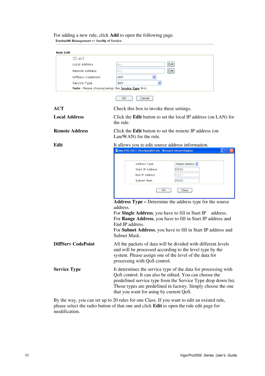 Draytek 5500 Series manual Local Address, Remote Address, DiffServ CodePoint 