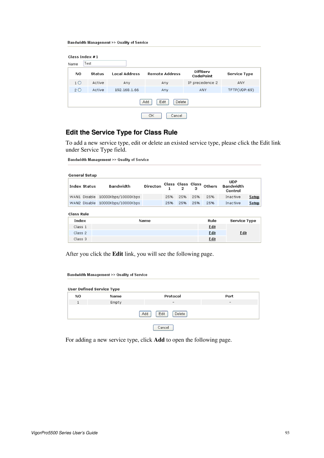 Draytek 5500 Series manual Edit the Service Type for Class Rule 