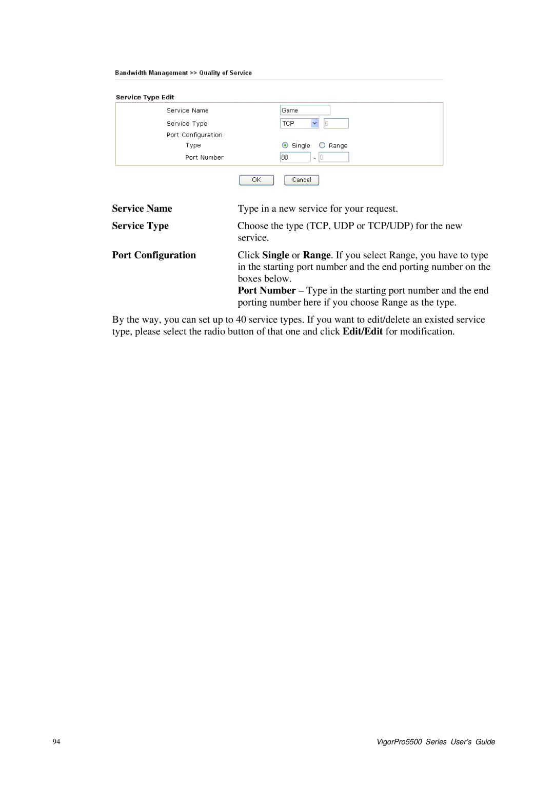 Draytek 5500 Series manual Service Name, Port Configuration 