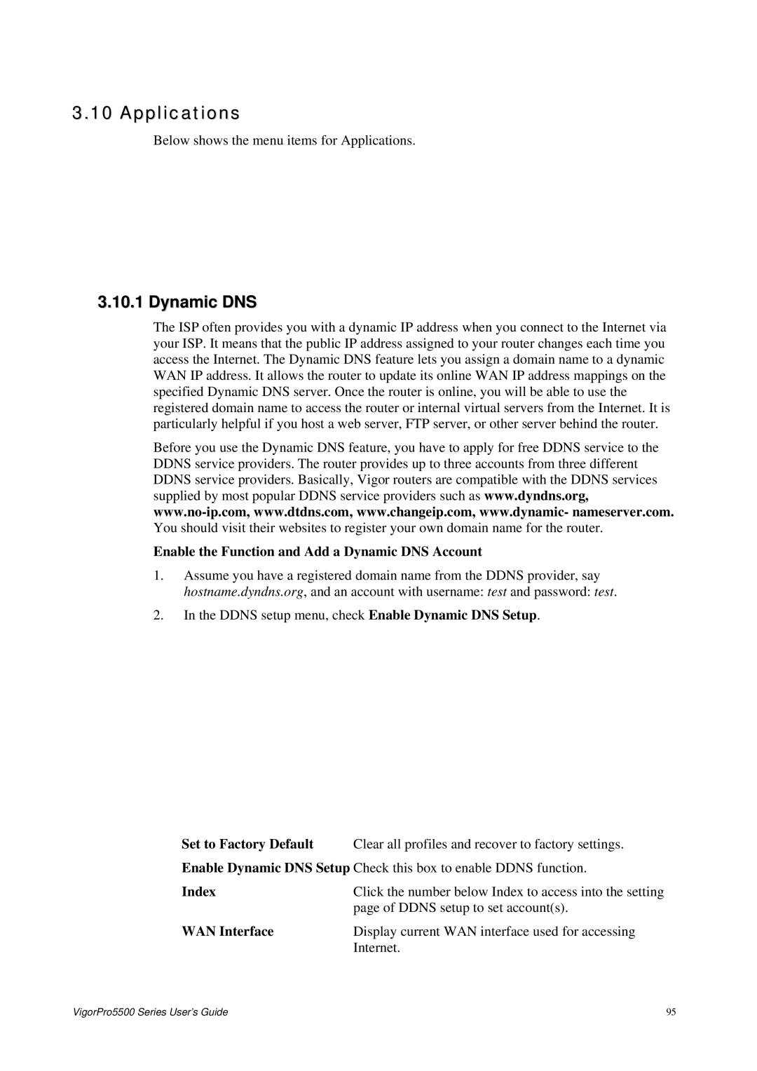 Draytek 5500 Series manual Applications, Enable the Function and Add a Dynamic DNS Account, Index WAN Interface 