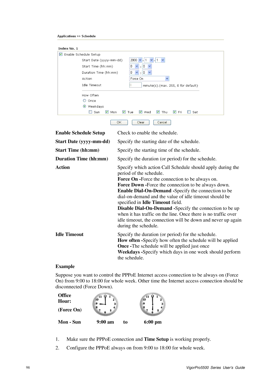 Draytek 5500 Series manual Enable Schedule Setup, Start Date yyyy-mm-dd, Start Time hhmm, Duration Time hhmm, Idle Timeout 