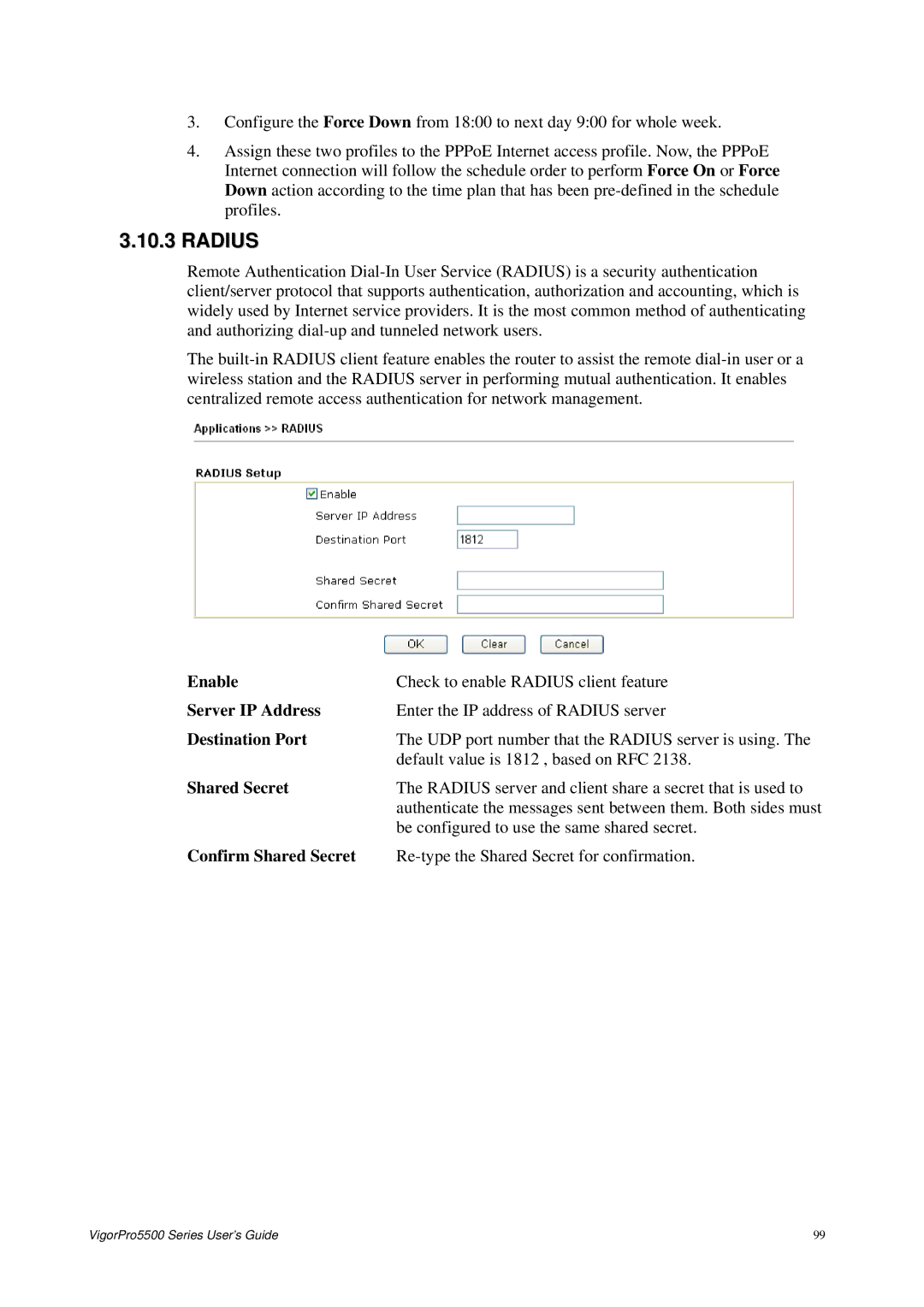 Draytek 5500 Series manual Radius, Server IP Address, Destination Port, Confirm Shared Secret 