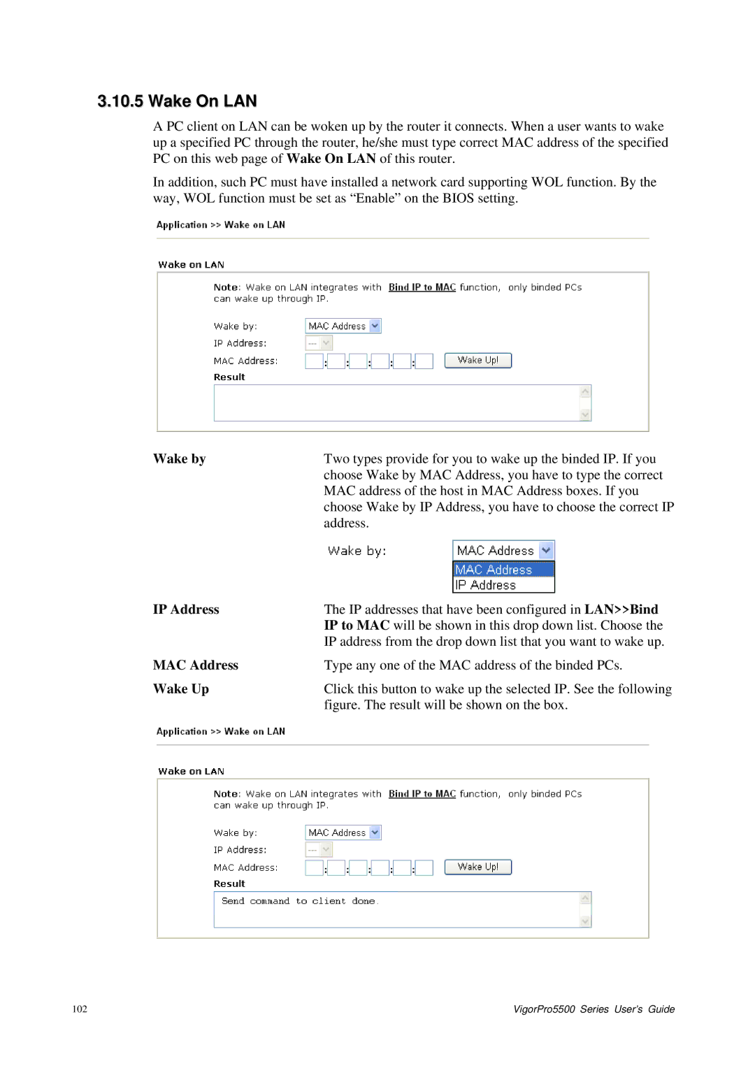 Draytek 5500 Series manual Wake On LAN, Wake by, MAC Address, Wake Up 