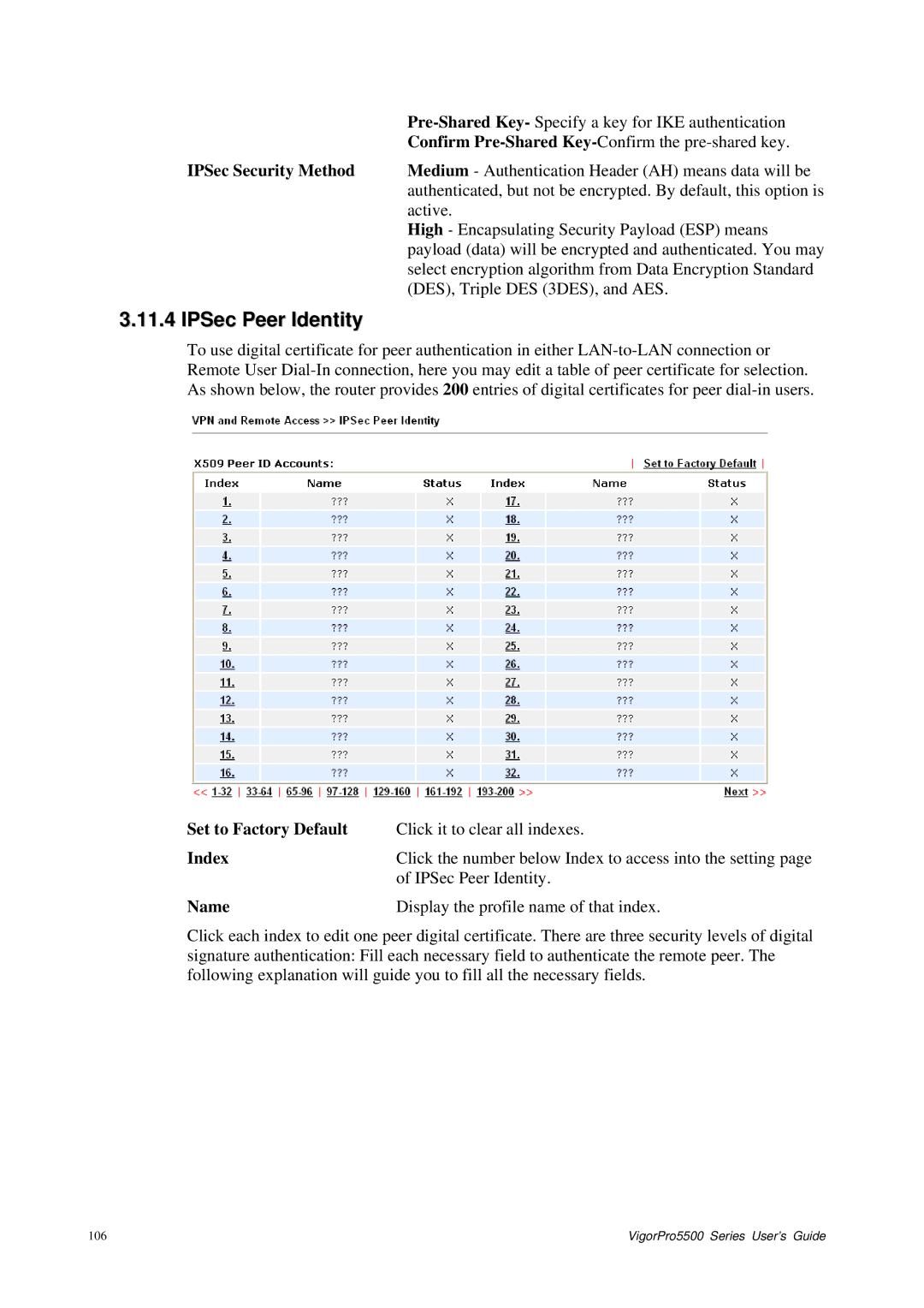 Draytek 5500 Series manual IPSec Peer Identity, IPSec Security Method 