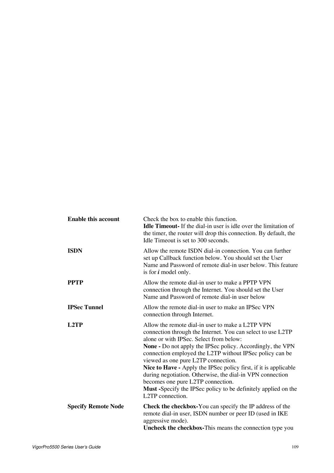 Draytek 5500 Series manual Enable this account, IPSec Tunnel, Specify Remote Node 