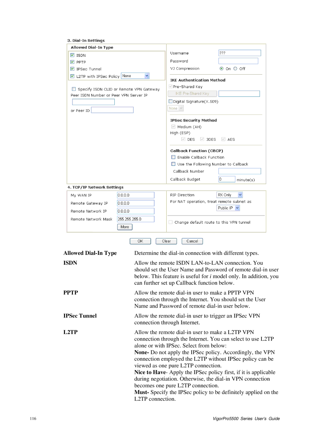 Draytek 5500 Series manual Allowed Dial-In Type, IPSec Tunnel 