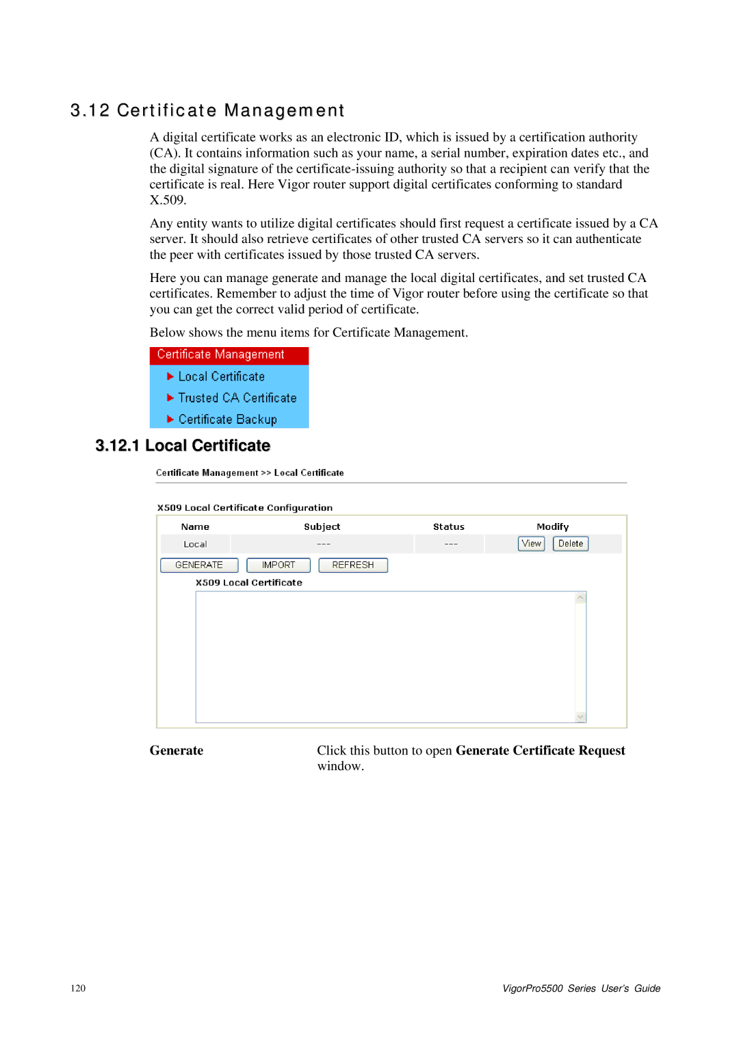 Draytek 5500 Series manual Certificate Management, Local Certificate, Generate 