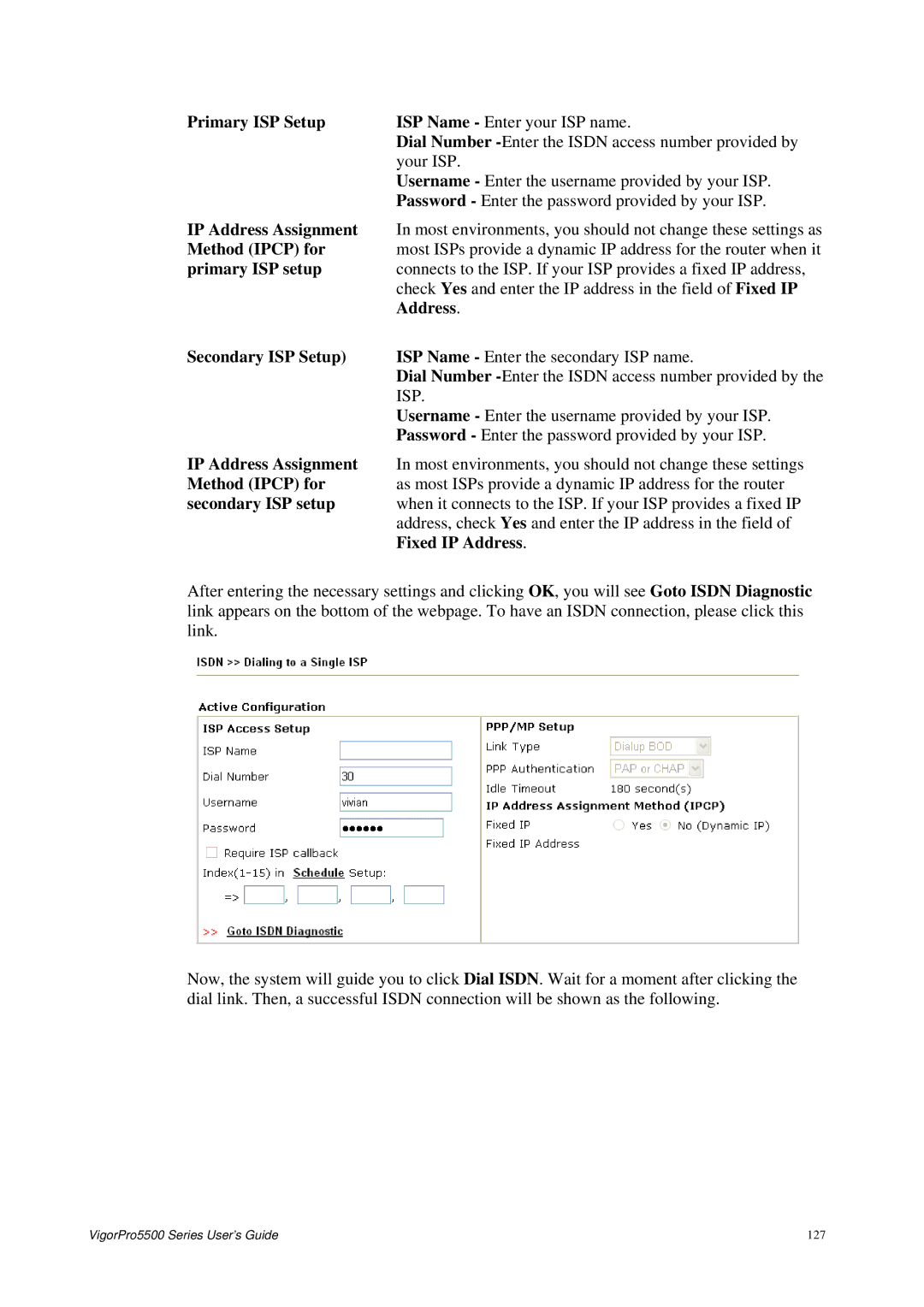 Draytek 5500 Series manual Primary ISP Setup ISP Name Enter your ISP name, Your ISP 