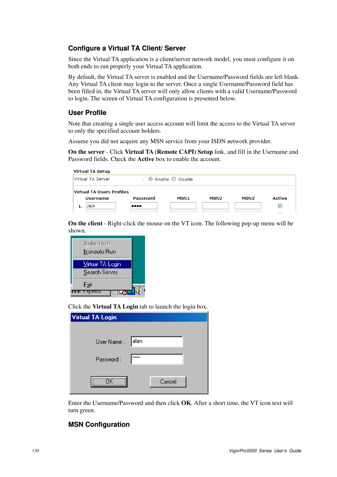 Draytek 5500 Series manual Configure a Virtual TA Client/ Server, User Profile, MSN Configuration 