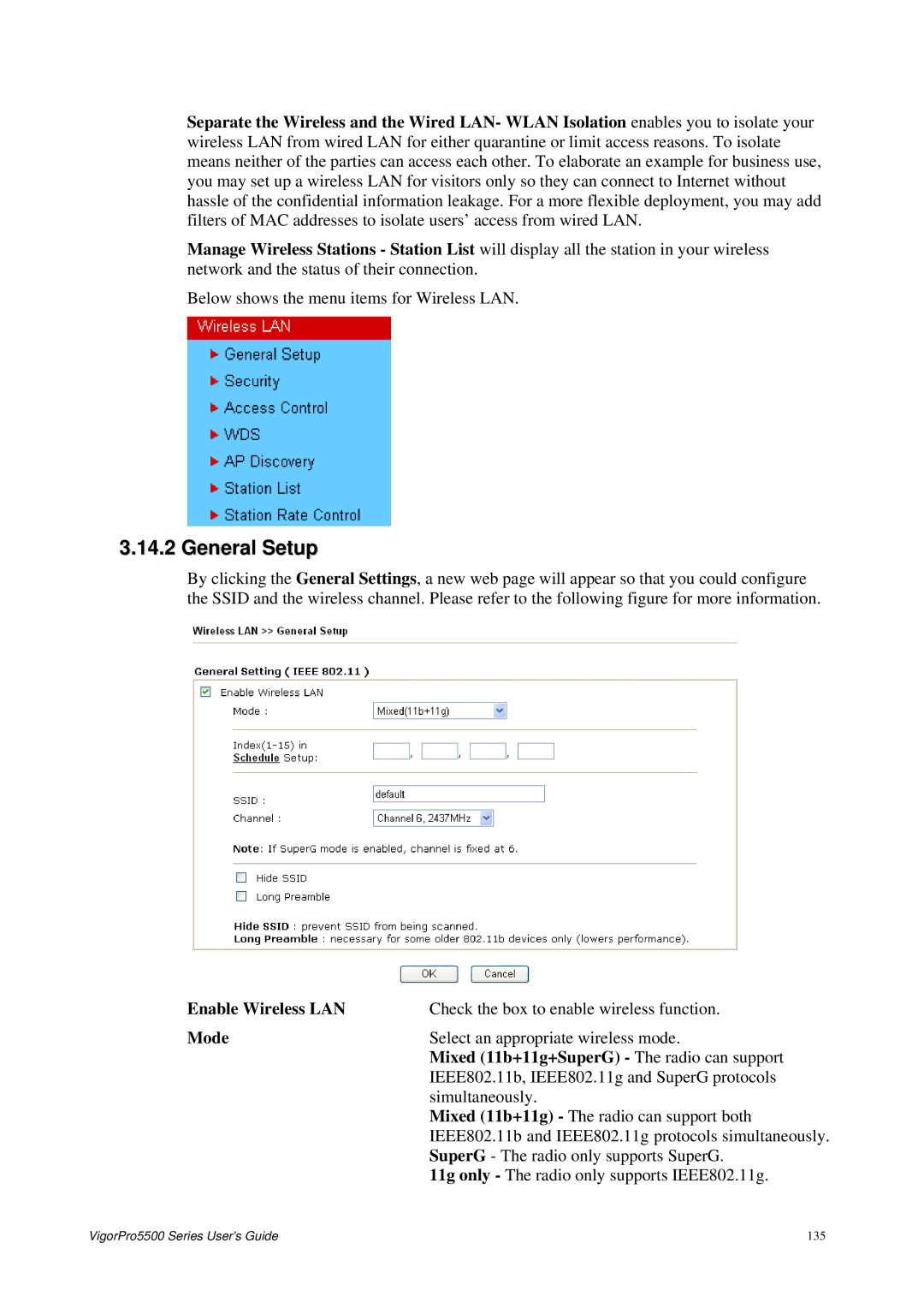 Draytek 5500 Series manual Enable Wireless LAN, Mixed 11b+11g+SuperG The radio can support 