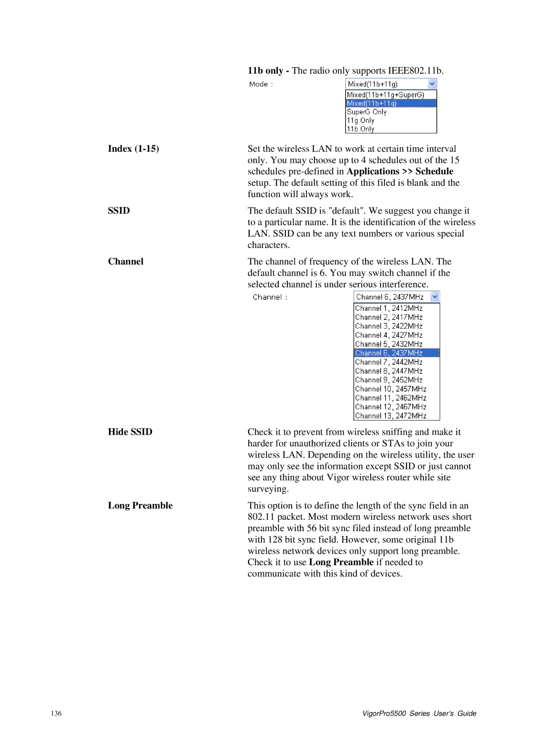 Draytek 5500 Series manual Channel, Hide Ssid, Long Preamble 