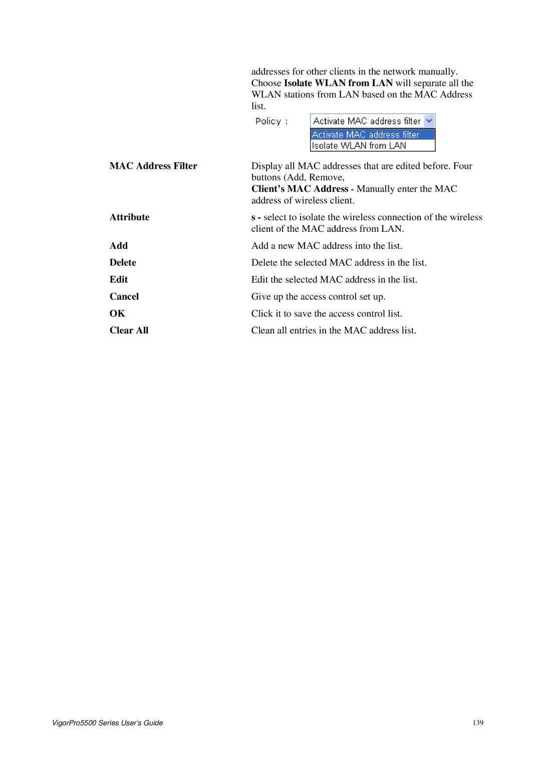Draytek 5500 Series manual MAC Address Filter, Attribute, Clear All 