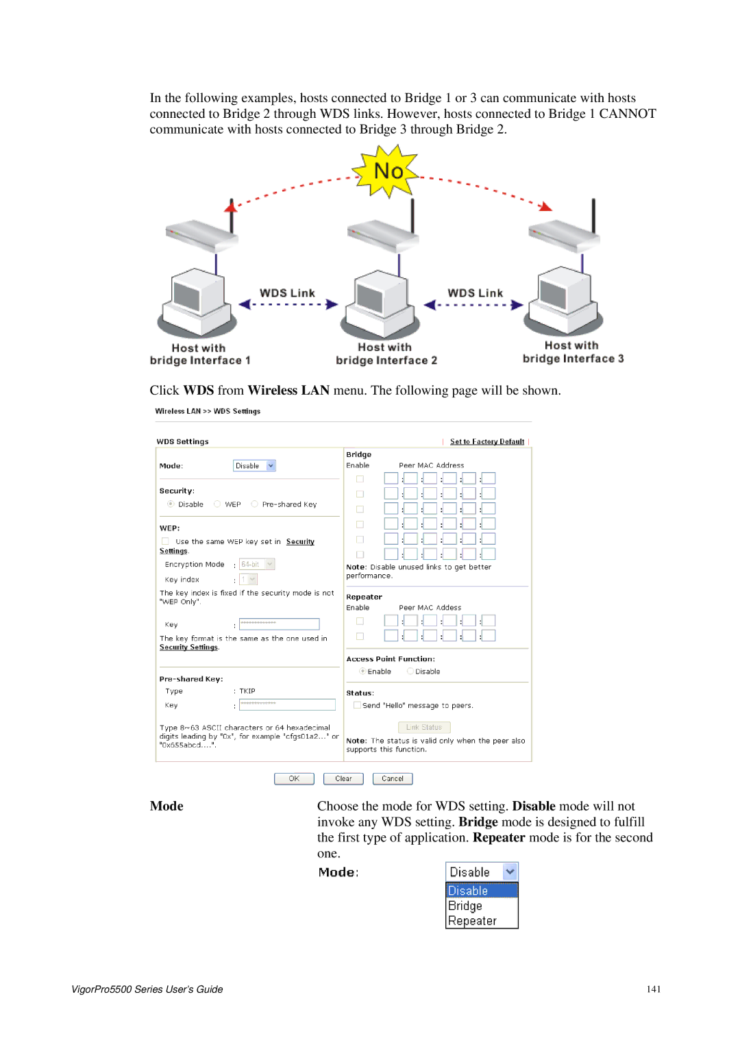 Draytek 5500 Series manual Choose the mode for WDS setting. Disable mode will not 