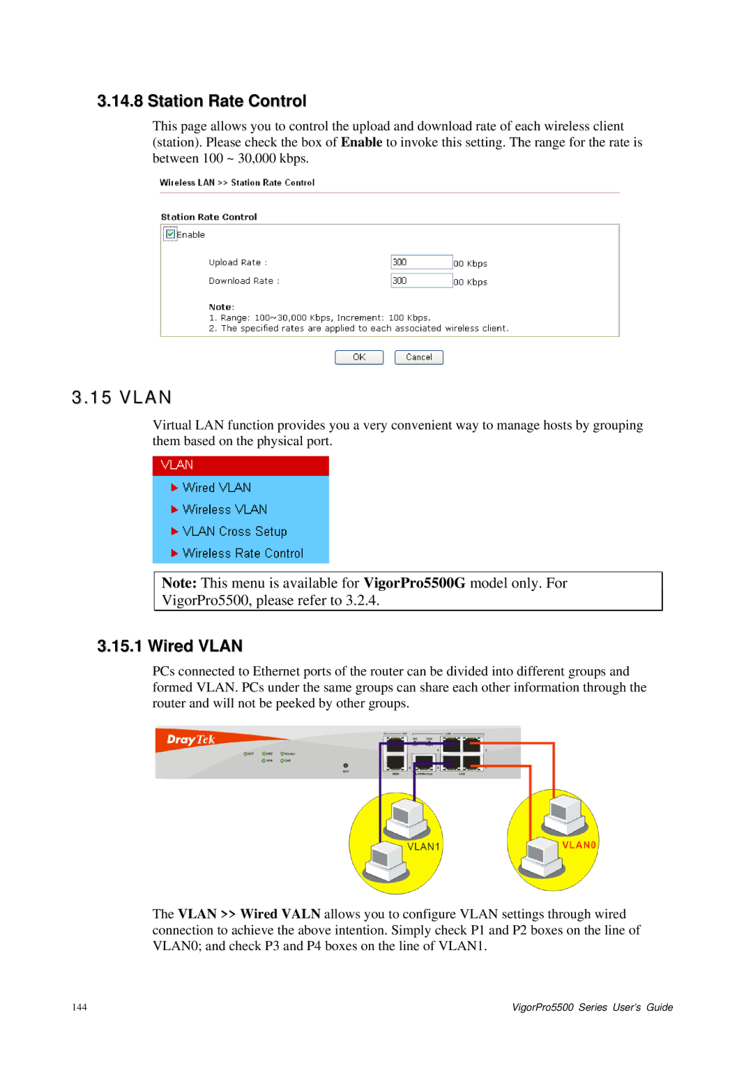 Draytek 5500 Series manual Station Rate Control, Wired Vlan 