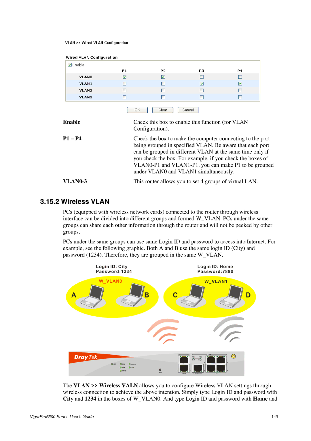 Draytek 5500 Series manual Wireless Vlan, P1 P4, VLAN0-3 