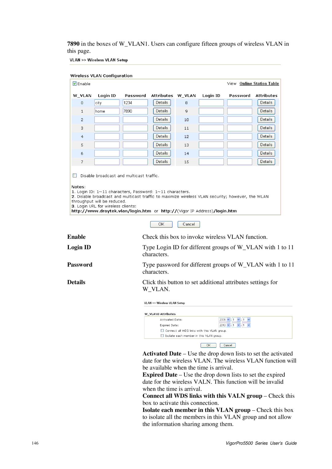 Draytek 5500 Series manual Login ID, Wvlan 