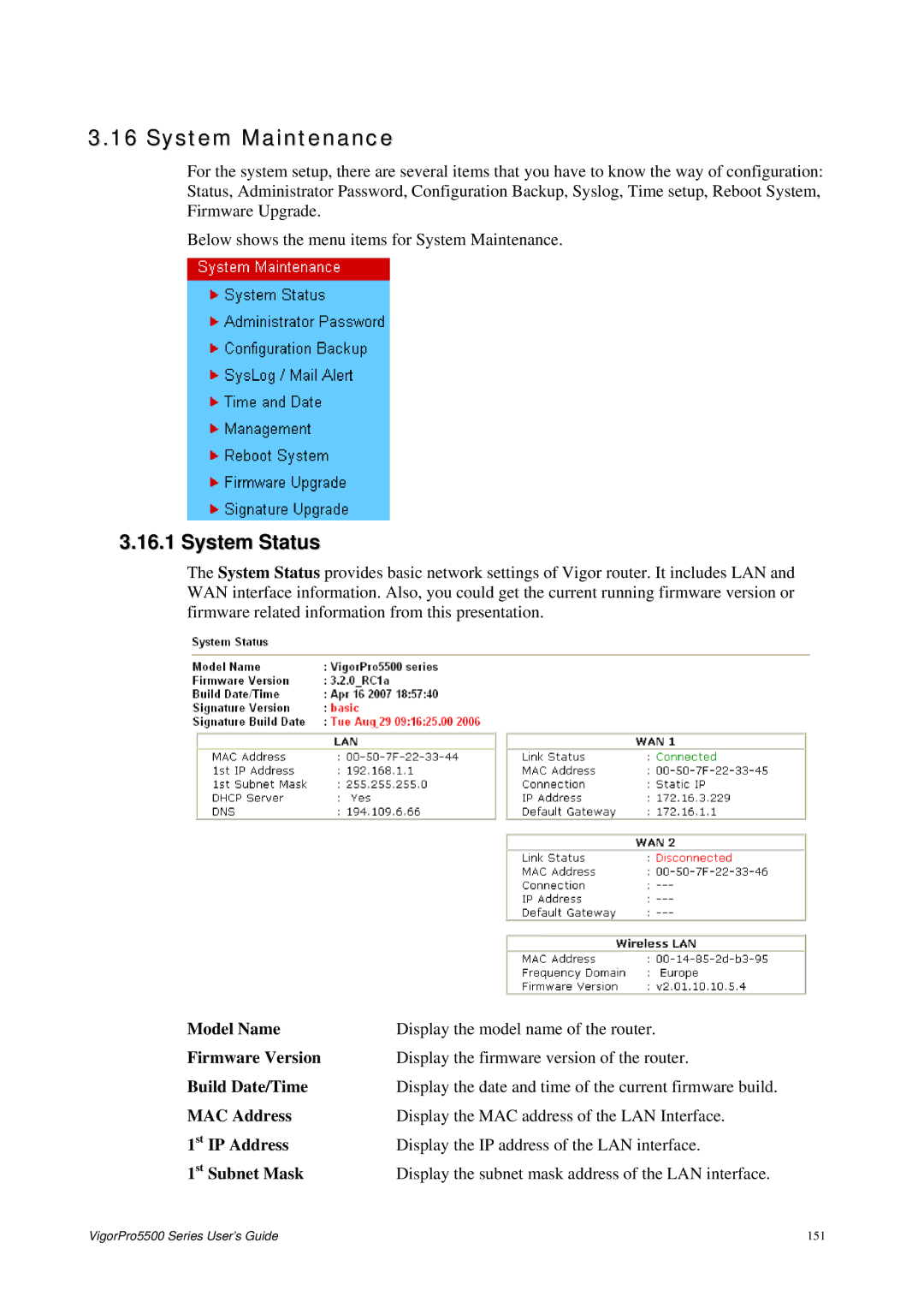 Draytek 5500 Series manual System Maintenance, System Status 